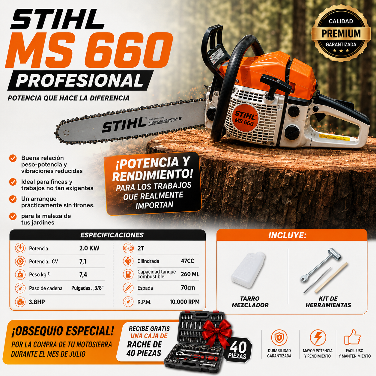 🪚 MOTOSIERRA MS 660/382 STIHL ESPADA 70 CM + 🎁 OBSEQUIO GRATIS